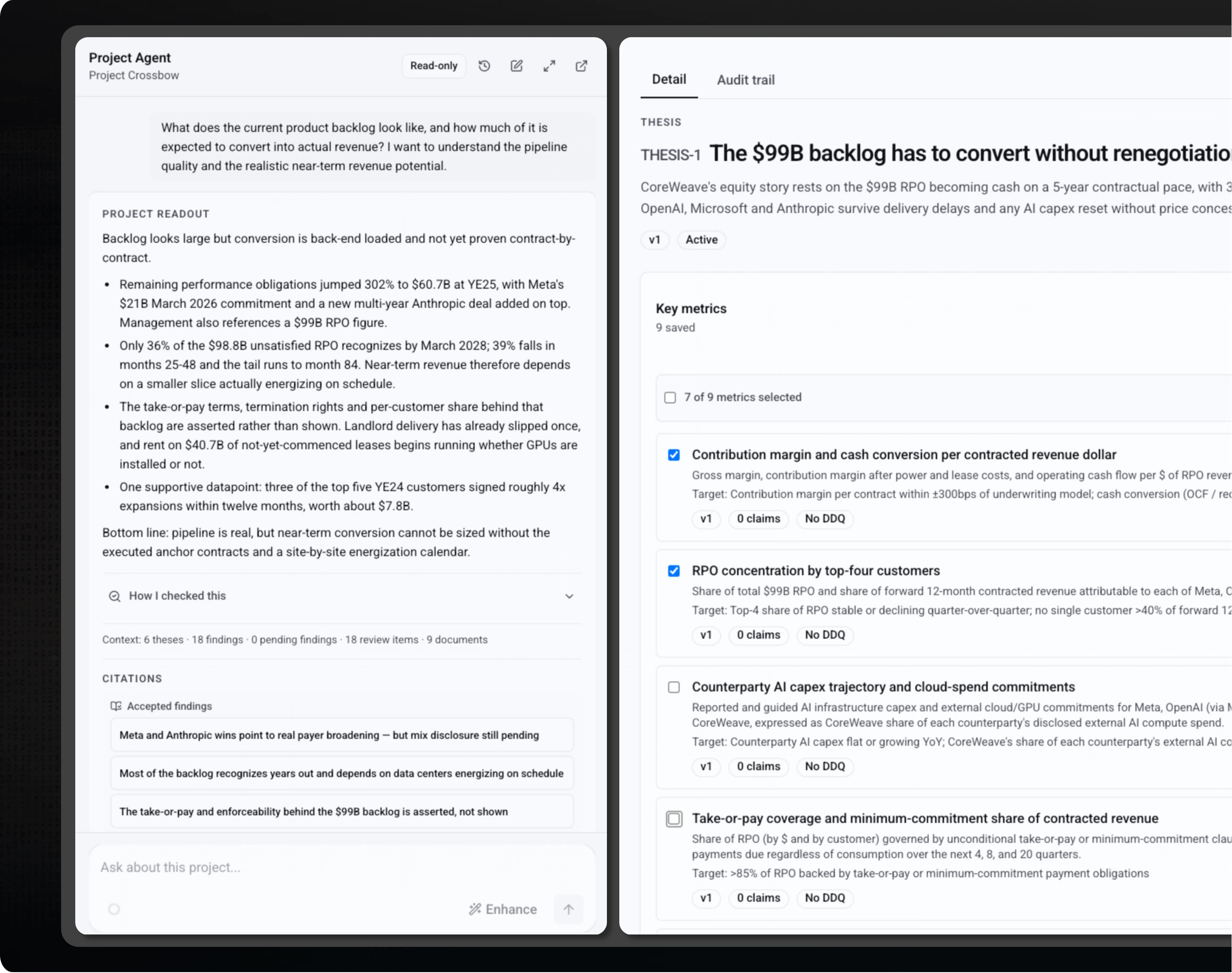 Parallax project agent and thesis detail interface