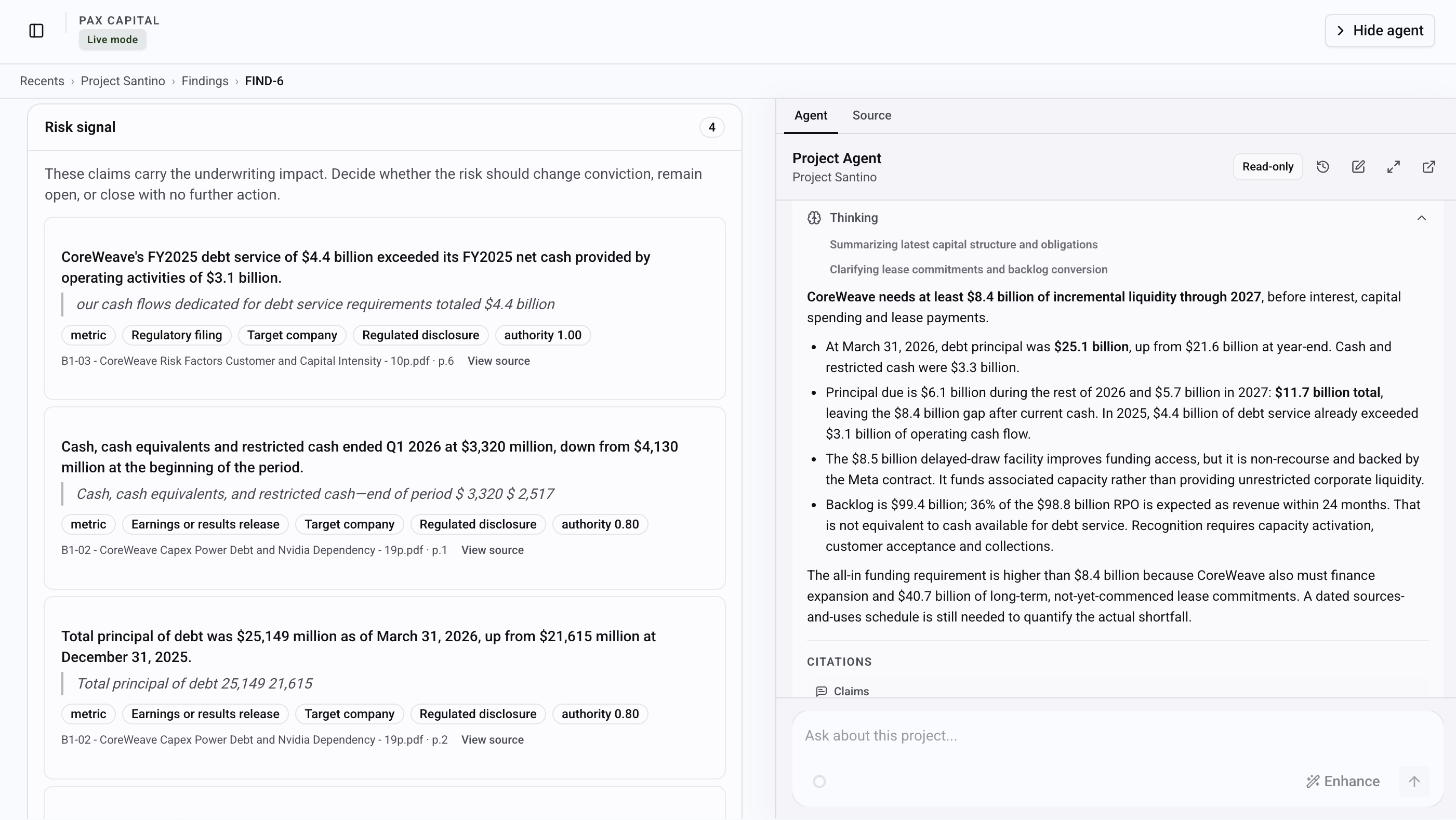 Parallax Deal Agent reasoning beside source-backed transaction findings