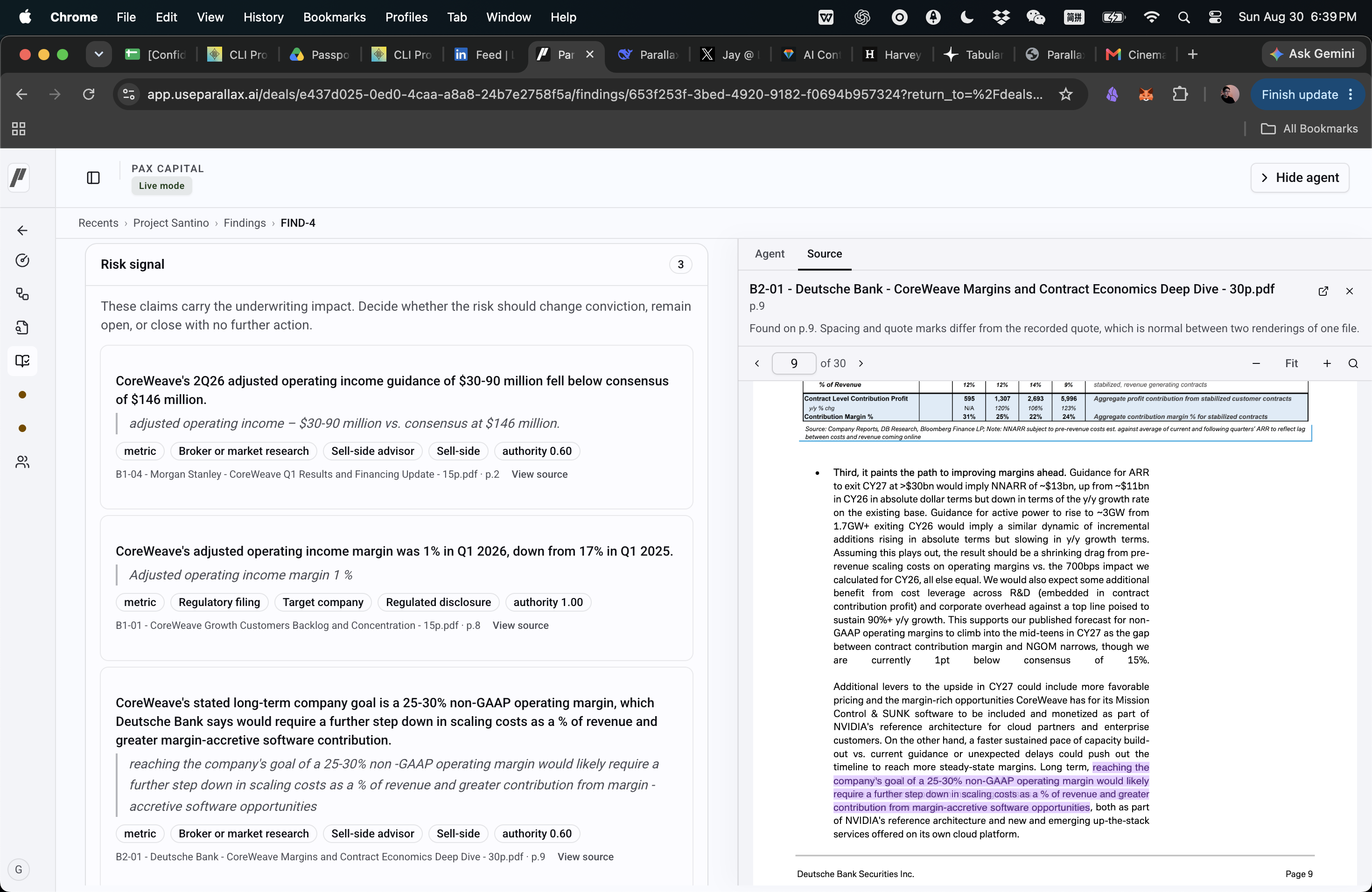 A Parallax risk finding linked to the highlighted source passage in a Deutsche Bank report