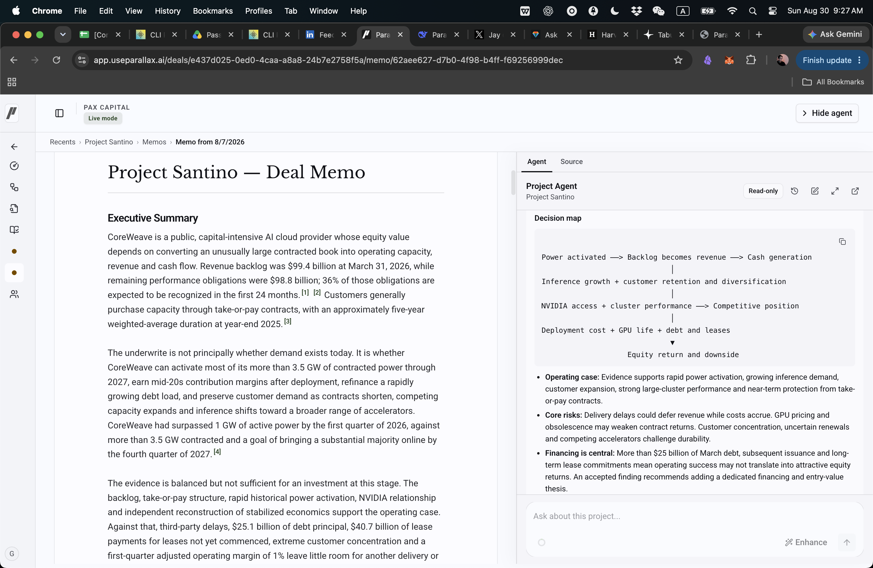 A source-backed Parallax deal memo beside the Deal Agent and transaction decision map